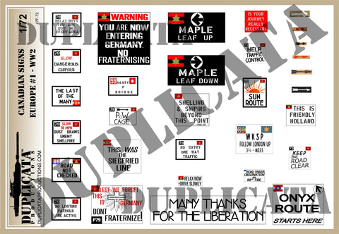 Canadian Road Signs, Europe #1 -  WW2 - 1/72 Scale - Duplicata Productions